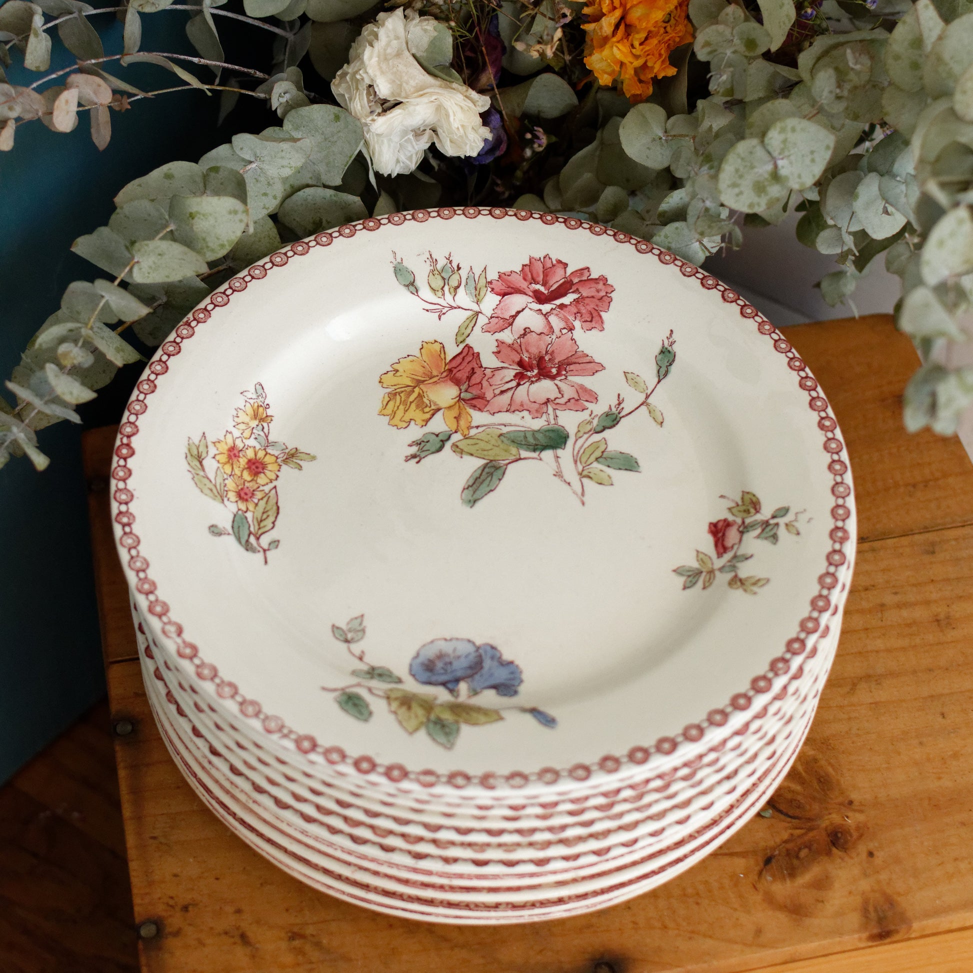 1890s Ste Fleuri Jules Vieillard (J.V.) & Cie French Antique Ironstone Polychrome Dinner Plate "Assiette" Terre de Fer en Faience