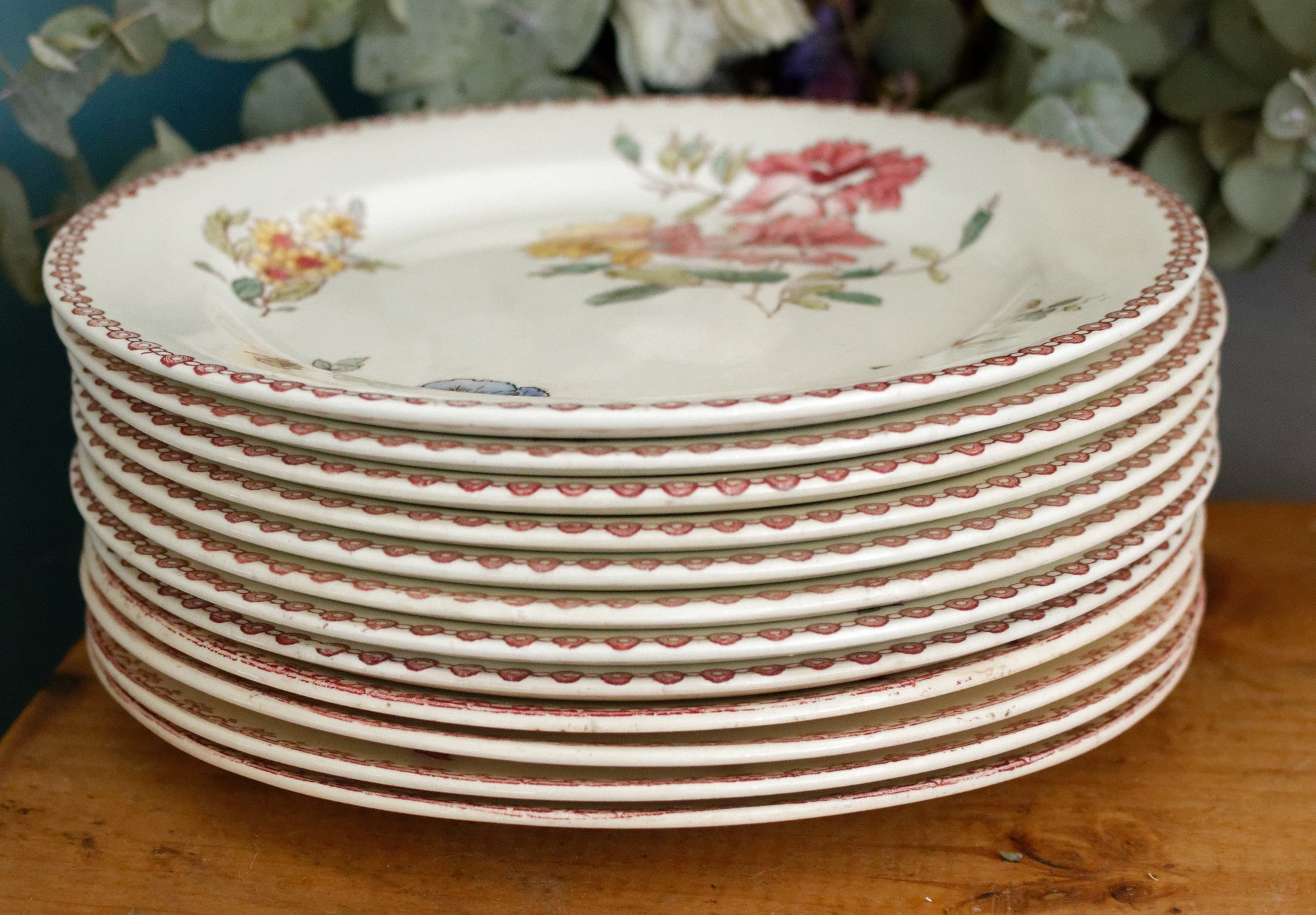 1890s Ste Fleuri Jules Vieillard (J.V.) & Cie French Antique Ironstone Polychrome Dinner Plate "Assiette" Terre de Fer en Faience