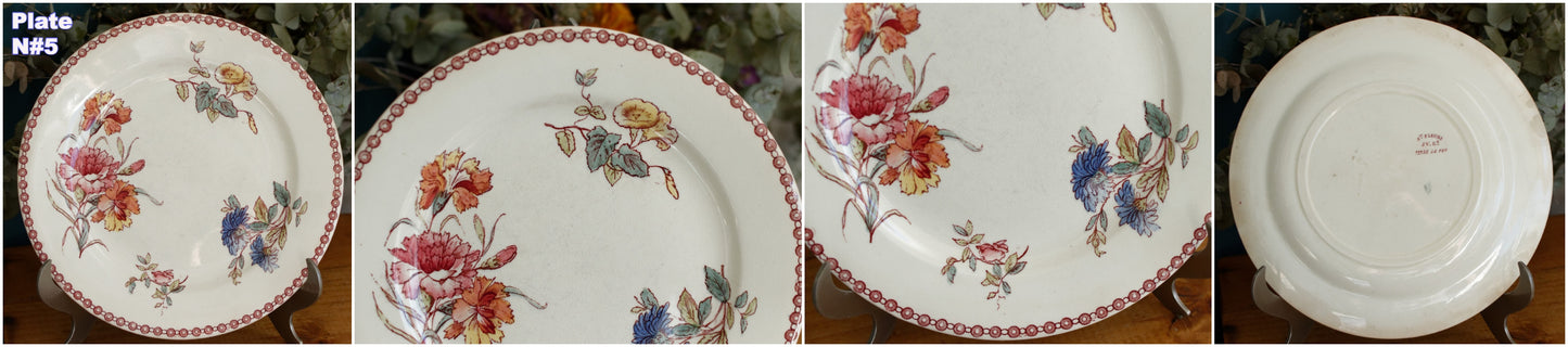 1890s Ste Fleuri Jules Vieillard (J.V.) & Cie French Antique Ironstone Polychrome Dinner Plate "Assiette" Terre de Fer en Faience