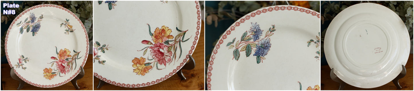 1890s Ste Fleuri Jules Vieillard (J.V.) & Cie French Antique Ironstone Polychrome Dinner Plate "Assiette" Terre de Fer en Faience