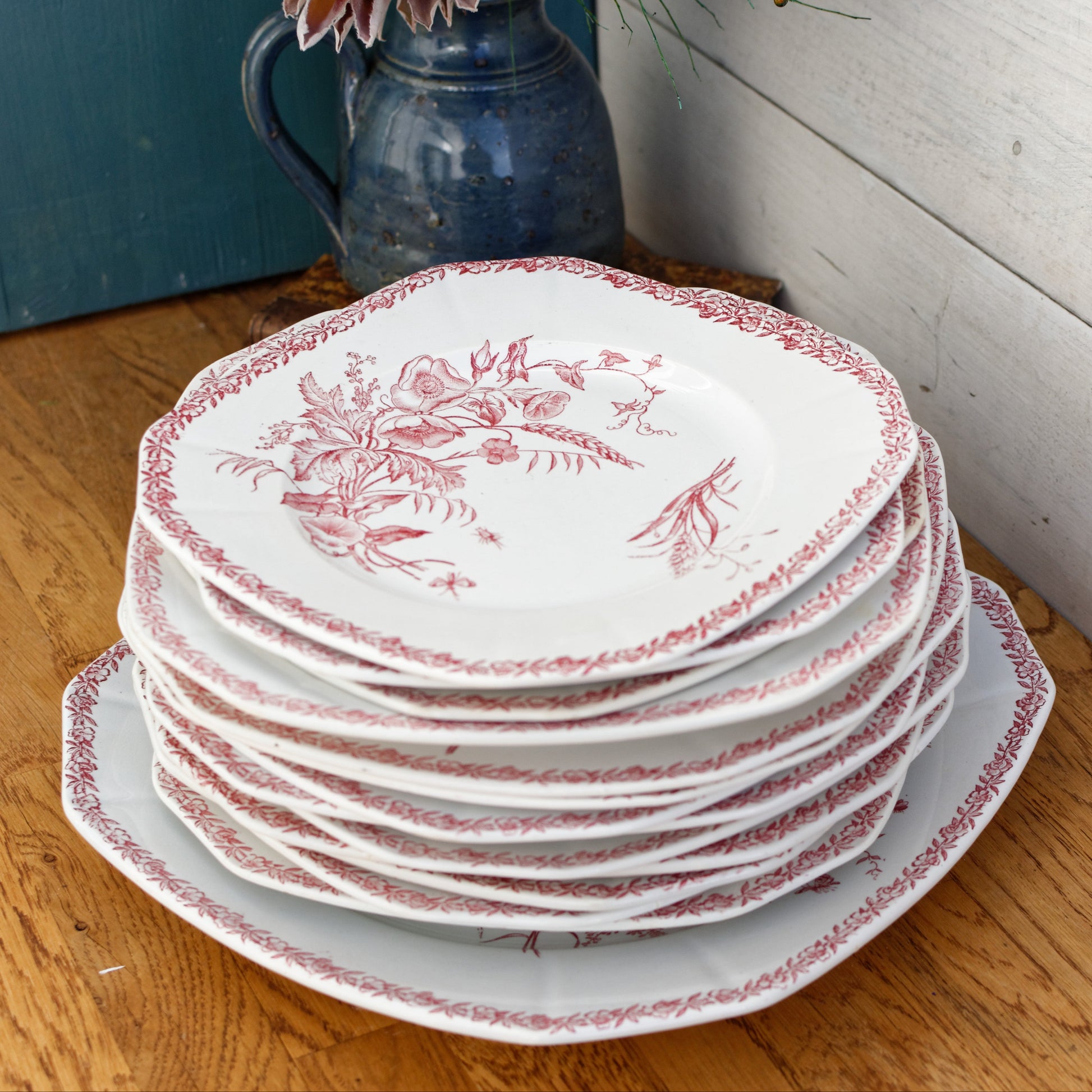 Fleurs de Champs MotifFaiencerie FF (Fenal Frères) PEXONNE French Antique Ironstone Red Transferware Sqaure Plate Terre de Fer