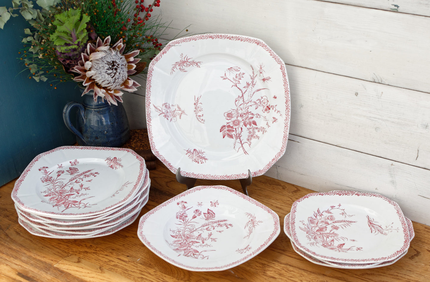 Fleurs de Champs Motif Faiencerie FF (Fenal Frères) PEXONNE French Antique Ironstone Red Transferware Sqaure Plate Terre de Fer