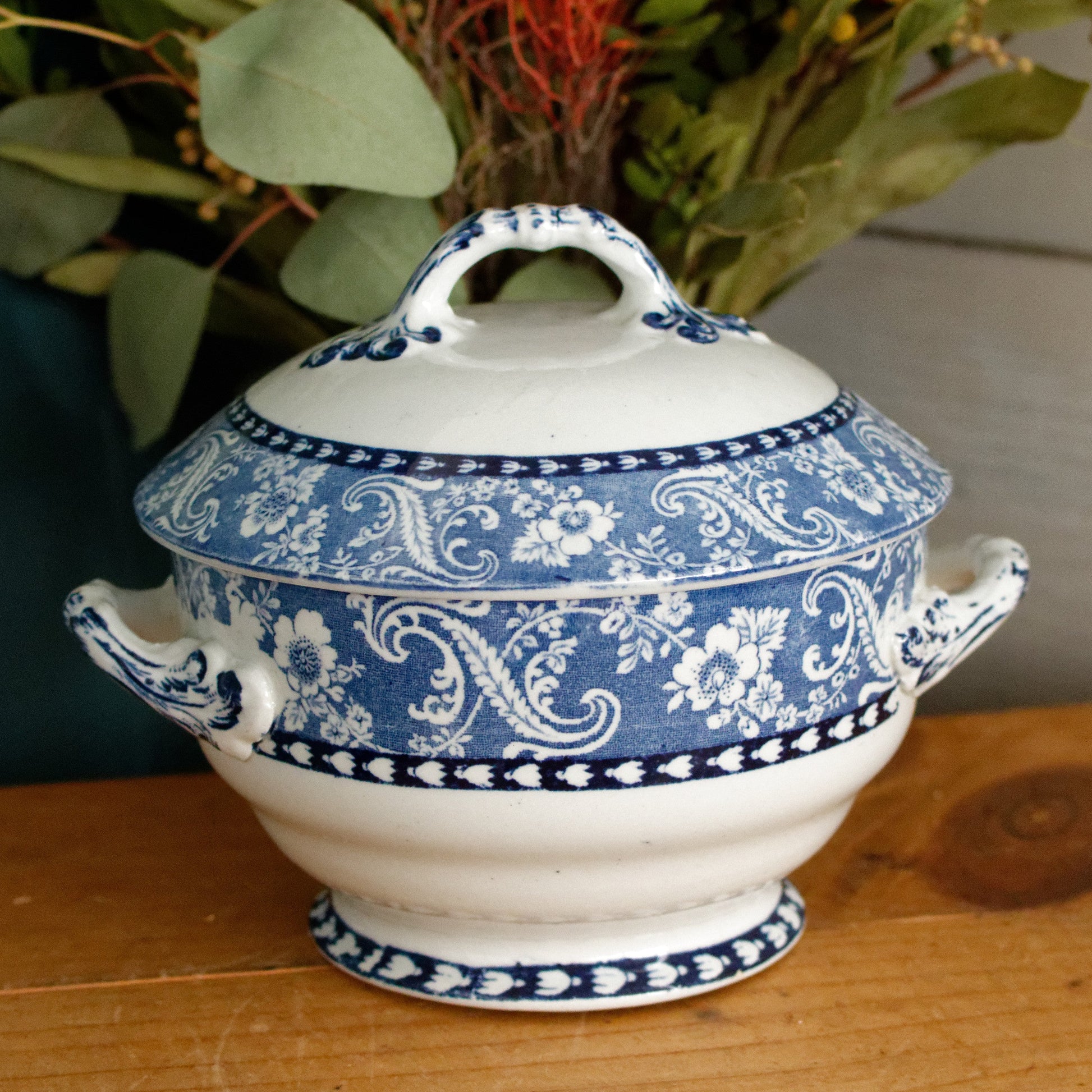 FLORENCE Fenton Pottery Co Real Staffordshire English Antique Ironstone Blue Transferware Small Tureen Sauciere Made in England