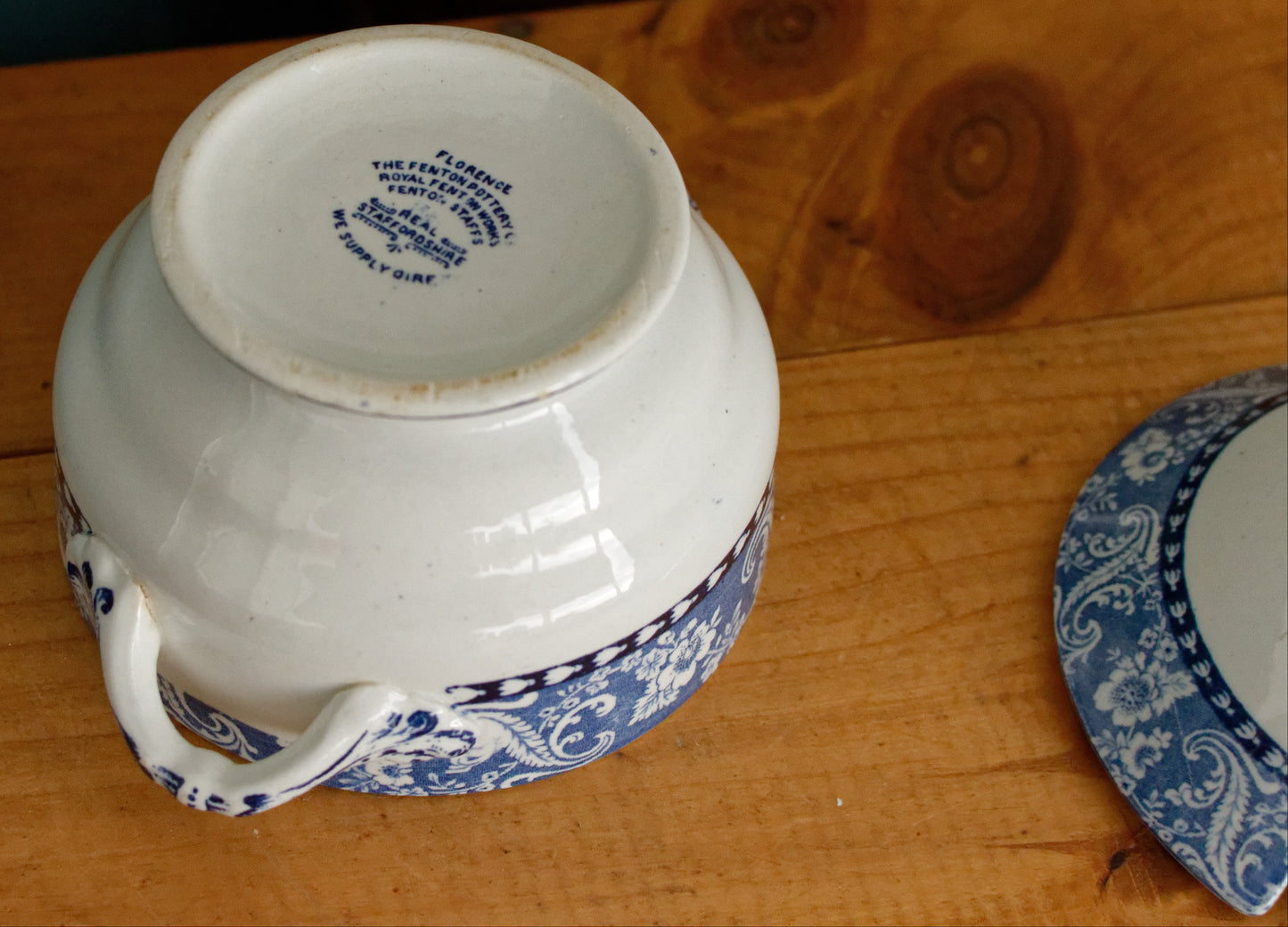 FLORENCE Fenton Pottery Co Real Staffordshire English Antique Ironstone Blue Transferware Small Tureen Sauciere Made in England