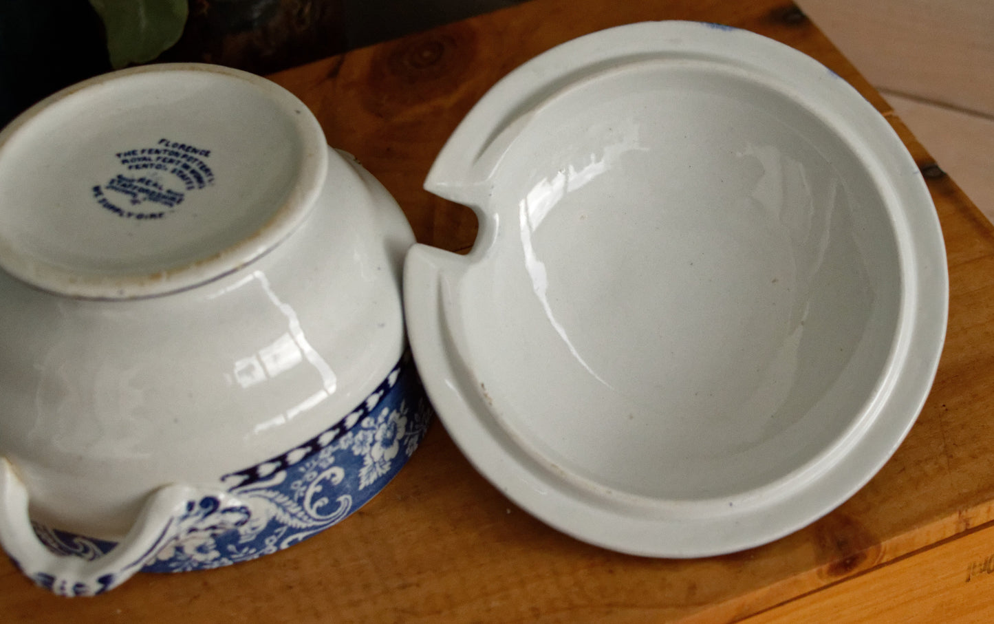 1930s ~ FLORENCE Fenton Pottery Co Real Staffordshire ~ English Antique Ironstone Blue Transferware Small Tureen "Sauciere" ~ Made in England