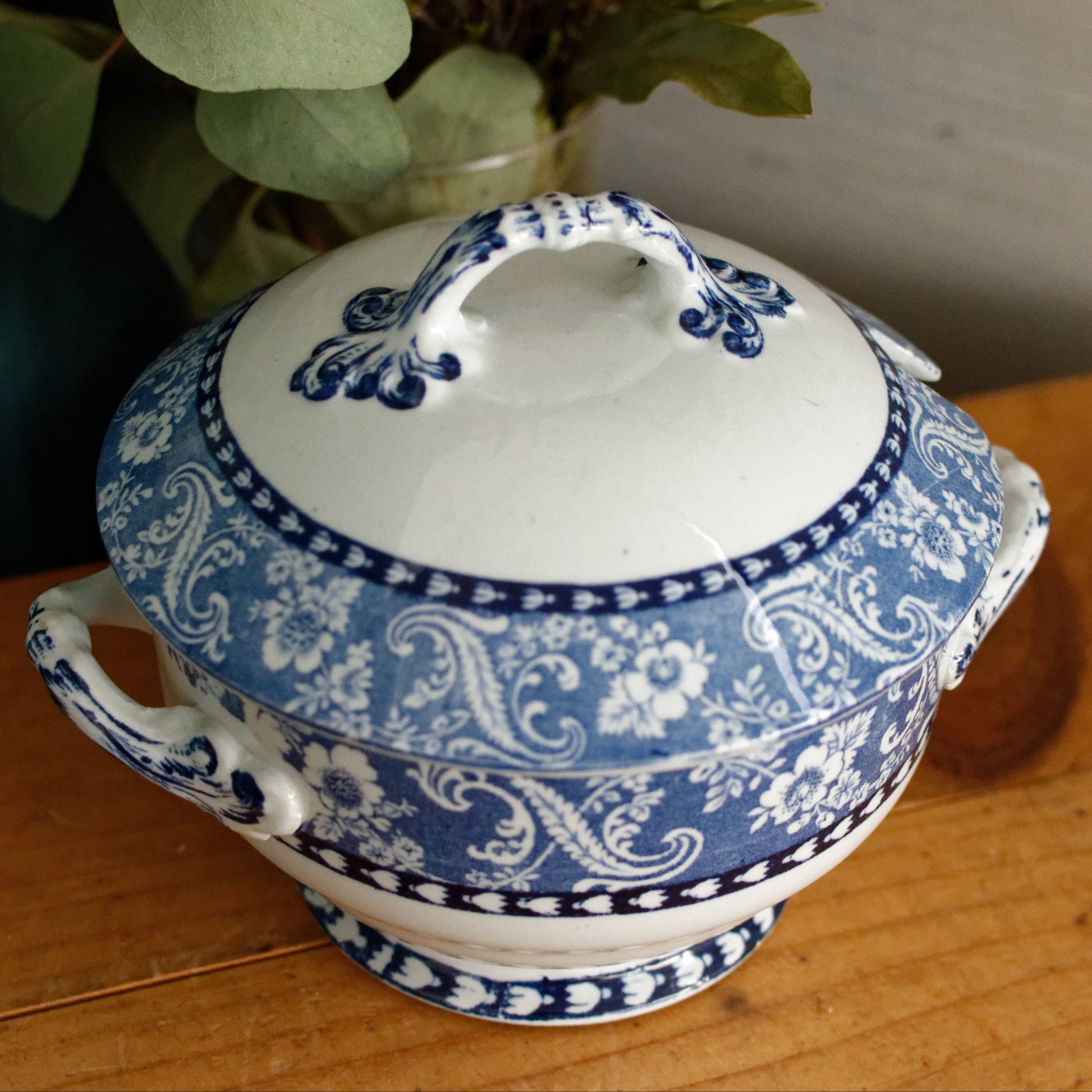 FLORENCE Fenton Pottery Co Real Staffordshire English Antique Ironstone Blue Transferware Small Tureen Sauciere Made in England