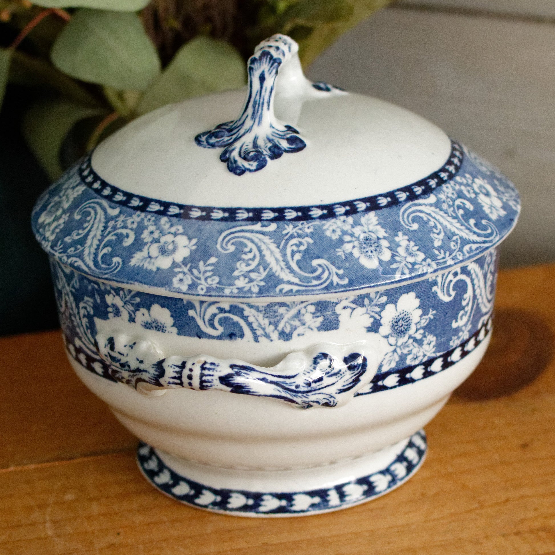 FLORENCE Fenton Pottery Co Real Staffordshire English Antique Ironstone Blue Transferware Small Tureen Sauciere Made in England