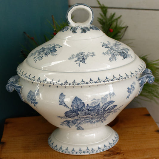 FLORE Motif Sarreguemines U&C French Antique Ironstone Blue Transferware Round Soup Tureen Soupiere Terre de Fer en faience