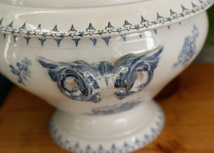 1920s ~ "FLORE" Sarreguemines U&C ~ French Antique Ironstone Blue Transferware Round Soup Tureen "Soupiere" ~ Terre de Fer