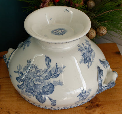 FLORE Motif Sarreguemines U&C French Antique Ironstone Blue Transferware Round Soup Tureen Soupiere Terre de Fer en faience