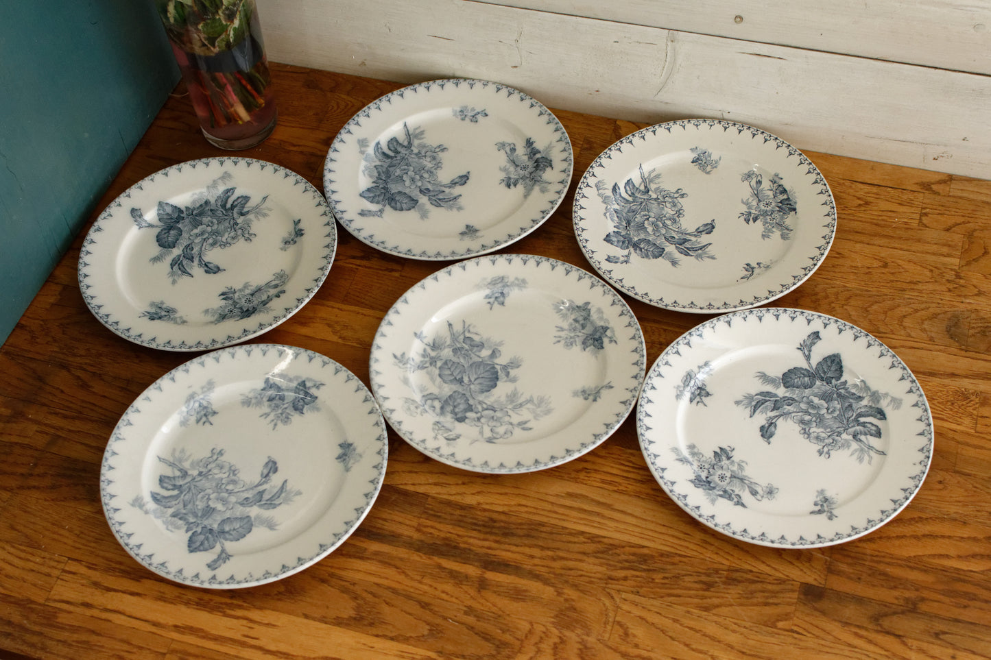 1880年代/1900年代 ～ 「FLORE」 Sarreguemines U&amp;C ～ フランスアンティーク アイアンストーン ブルー トランスファーウェア ディナープレート ～ スカラップエッジ テール・ド・フェール NEW