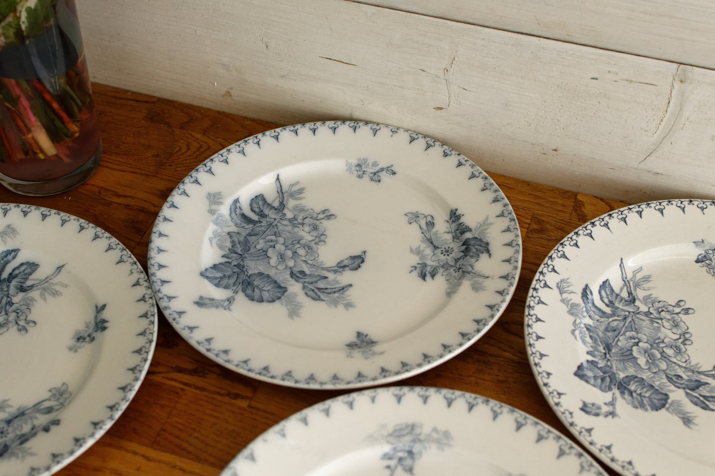 1880年代/1900年代 ～ 「FLORE」 Sarreguemines U&amp;C ～ フランスアンティーク アイアンストーン ブルー トランスファーウェア ディナープレート ～ スカラップエッジ テール・ド・フェール NEW