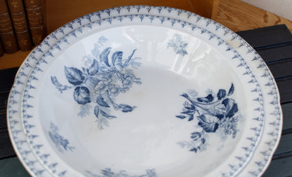 FLORE Sarreguemines U&C French Antique Ironstone Blue Transferware Round Serving Bowl Creux Scalloped Edge Terre de Fer