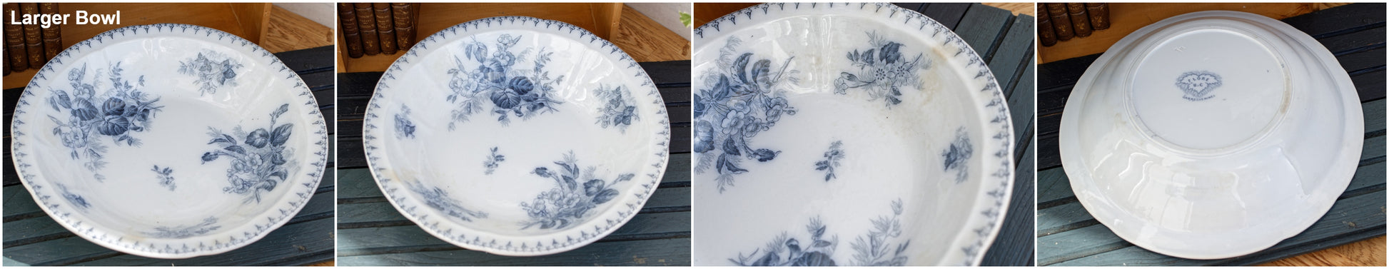 FLORE Sarreguemines U&C French Antique Ironstone Blue Transferware Round Serving Bowl Creux Scalloped Edge Terre de Fer