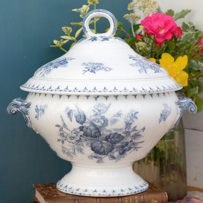 FLORE Motif Sarreguemines U&C French Antique Ironstone Blue Transferware Soup Tureen "Soupiere" Terre de Fer en Faience