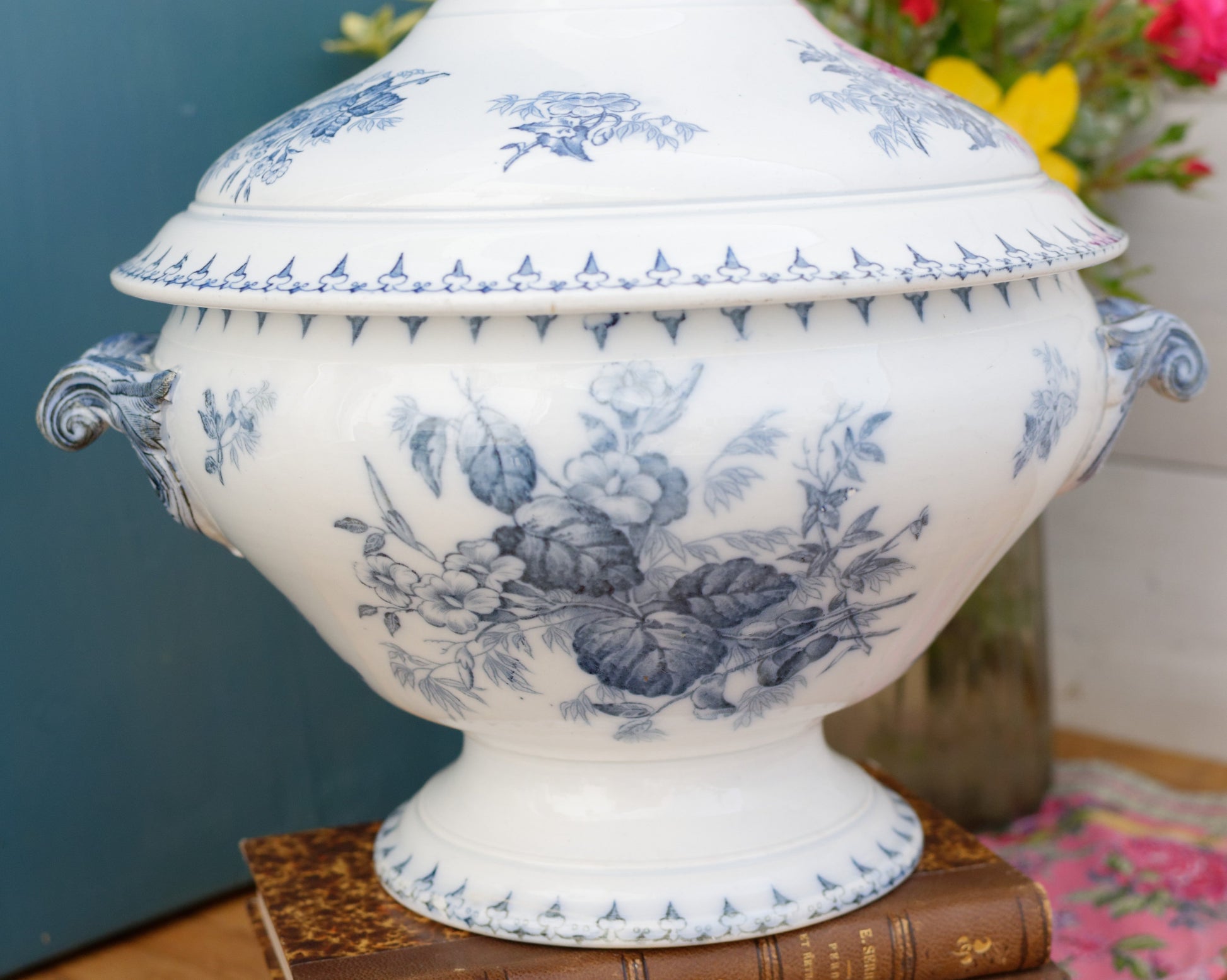 FLORE Motif Sarreguemines U&C French Antique Ironstone Blue Transferware Soup Tureen "Soupiere" Terre de Fer en Faience