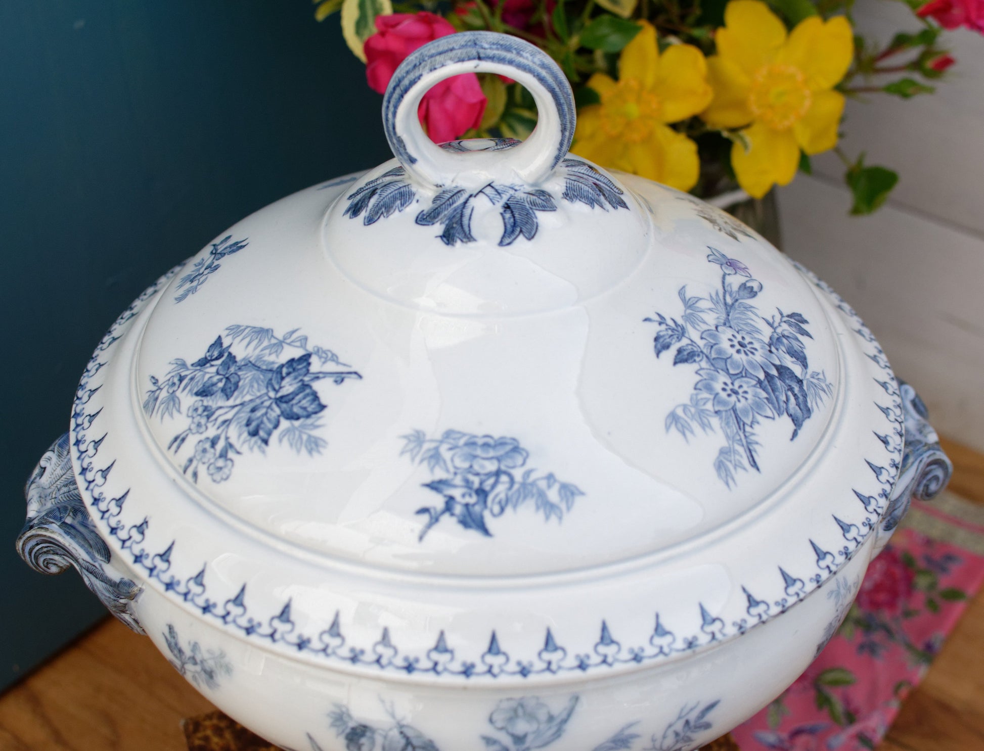 FLORE Motif Sarreguemines U&C French Antique Ironstone Blue Transferware Soup Tureen "Soupiere" Terre de Fer en Faience