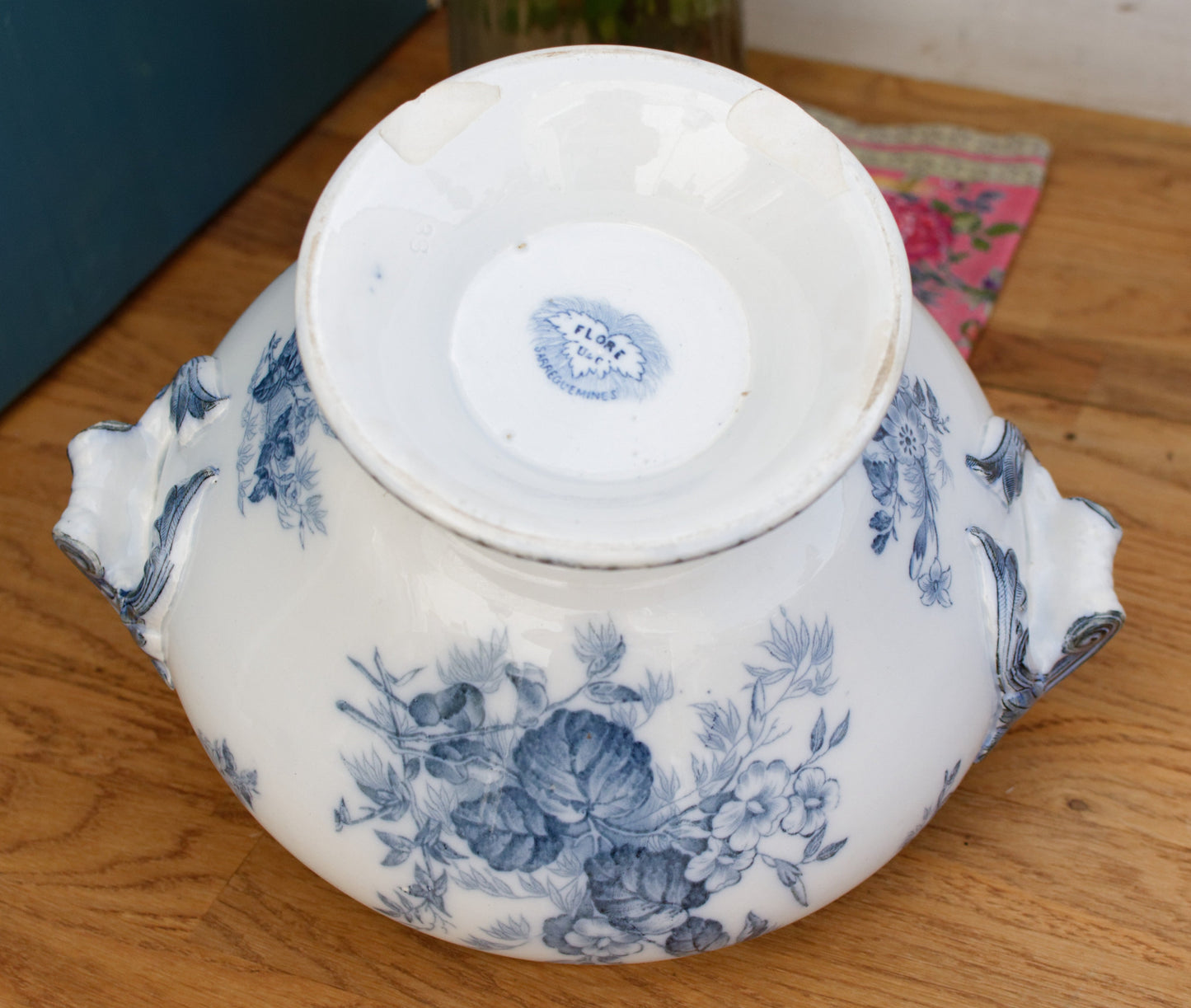 FLORE Motif Sarreguemines U&C French Antique Ironstone Blue Transferware Soup Tureen "Soupiere" Terre de Fer en Faience