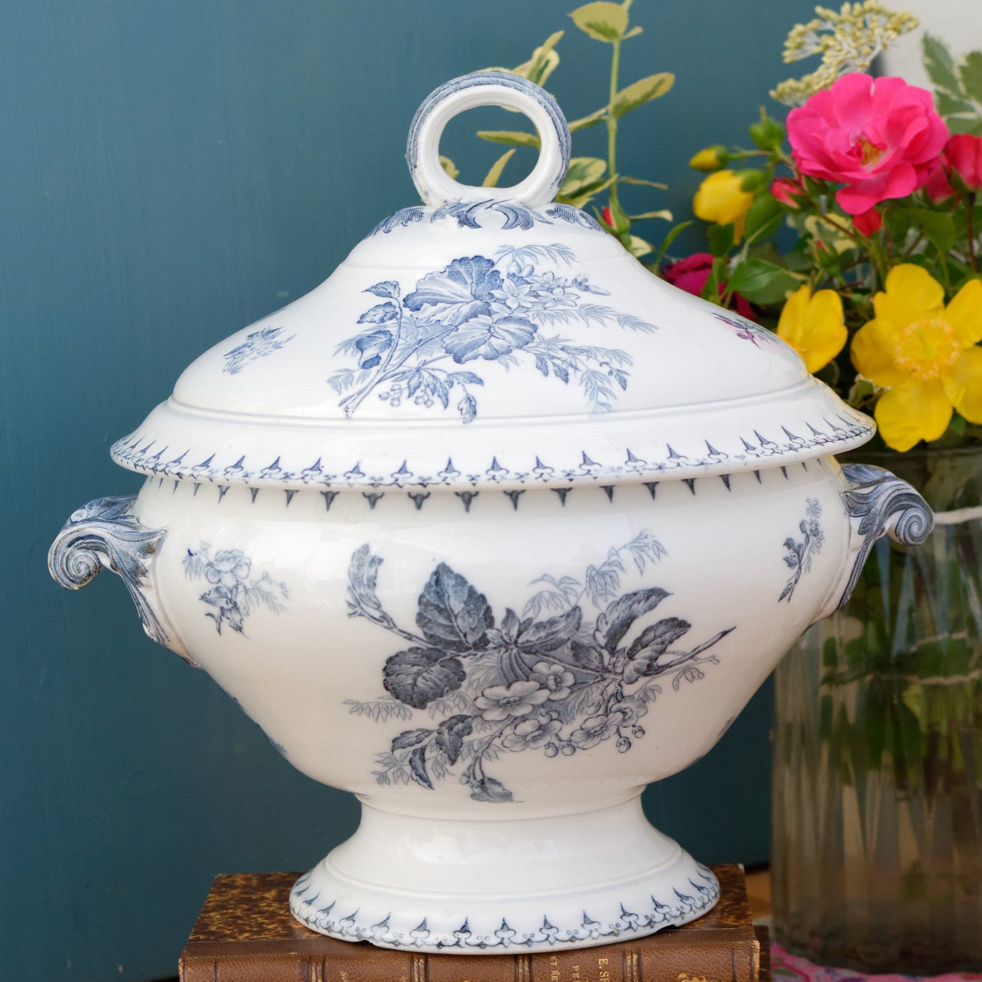 FLORE Motif Sarreguemines U&C French Antique Ironstone Blue Transferware Soup Tureen "Soupiere" Terre de Fer en Faience