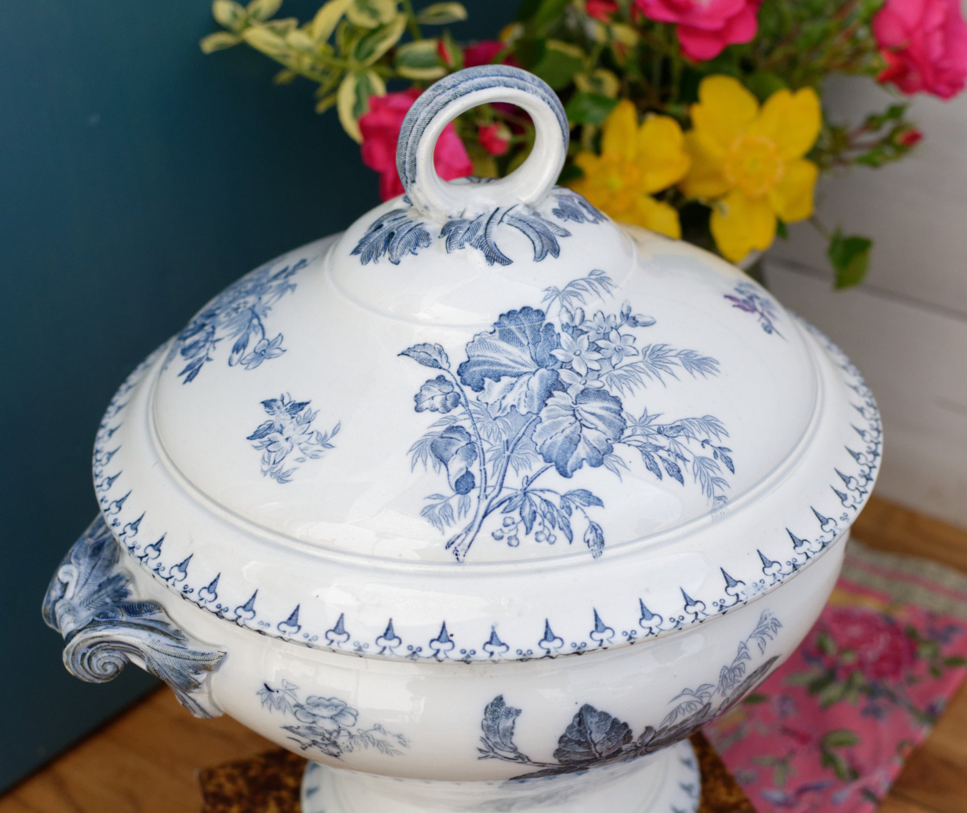 FLORE Motif Sarreguemines U&C French Antique Ironstone Blue Transferware Soup Tureen "Soupiere" Terre de Fer en Faience