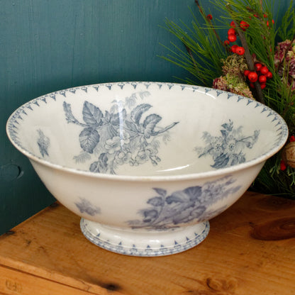 1880s/1900s ~ "FLORE" Sarreguemines U&C ~ French Antique Ironstone Blue Transferware Round Serving Salad Bowl "Saladier Bol Creux" ~ Terre de fer en Faience