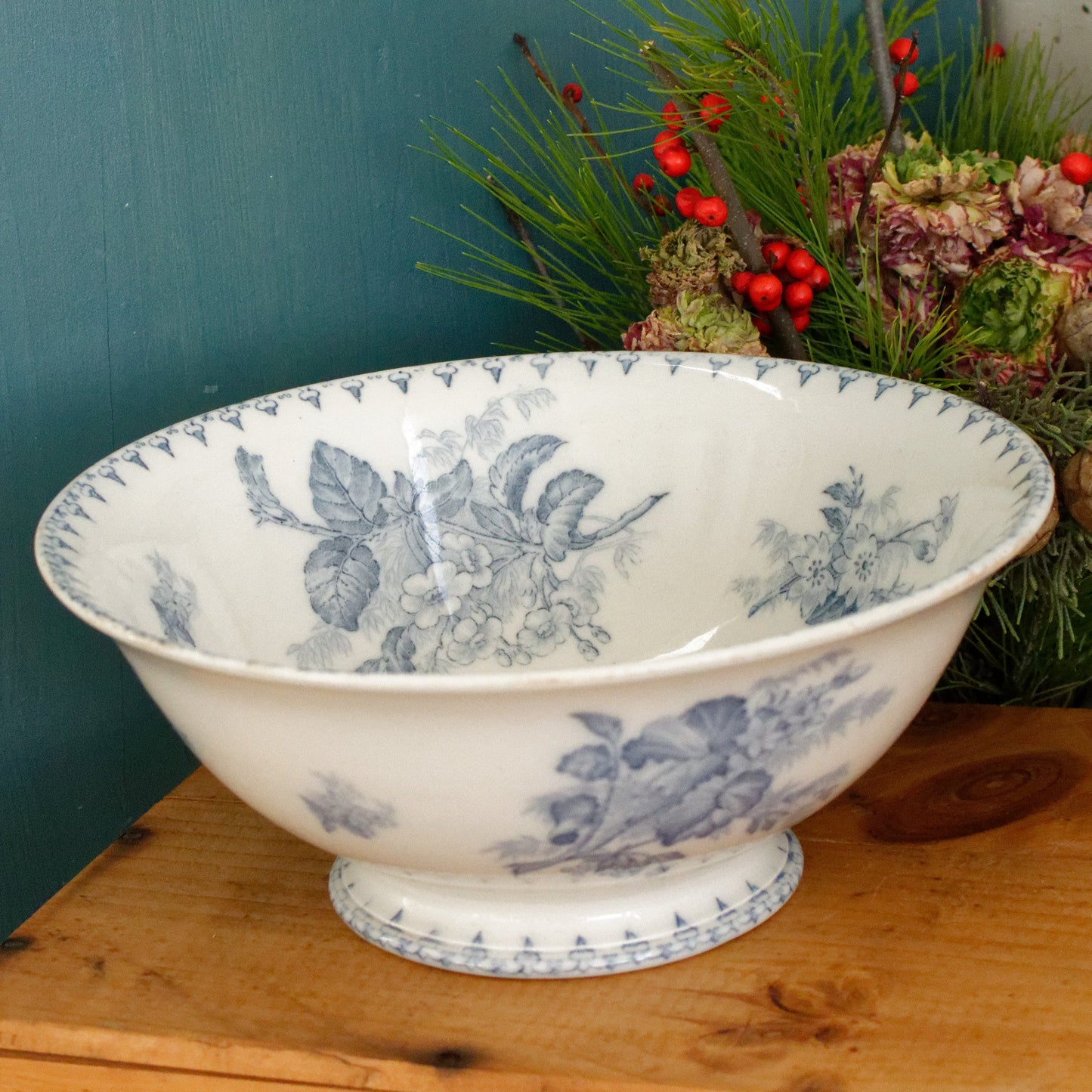 1880s/1900s ~ "FLORE" Sarreguemines U&C ~ French Antique Ironstone Blue Transferware Round Serving Salad Bowl "Saladier Bol Creux" ~ Terre de fer en Faience