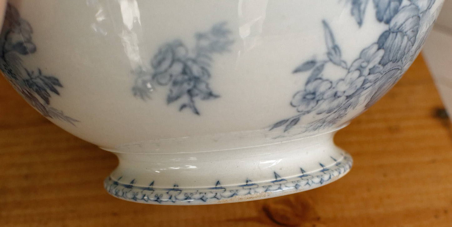 1880s/1900s ~ "FLORE" Sarreguemines U&C ~ French Antique Ironstone Blue Transferware Round Serving Salad Bowl "Saladier Bol Creux" ~ Terre de fer en Faience