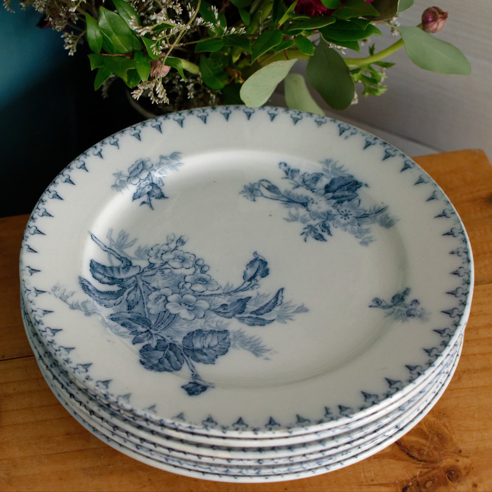 FLORE Motif Sarreguemines U&C French Antique Ironstone Blue Transferware Dinner Plate Terre de Fer Faience