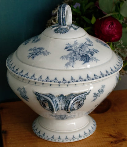 FLORE Sarreguemines U&C French Antique Ironstone Blue Transferware Round Soup Tureen Soupiere Terre de Fer en Faience