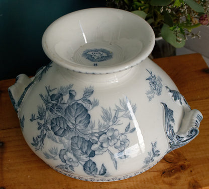 FLORE Sarreguemines U&C French Antique Ironstone Blue Transferware Round Soup Tureen Soupiere Terre de Fer en Faience