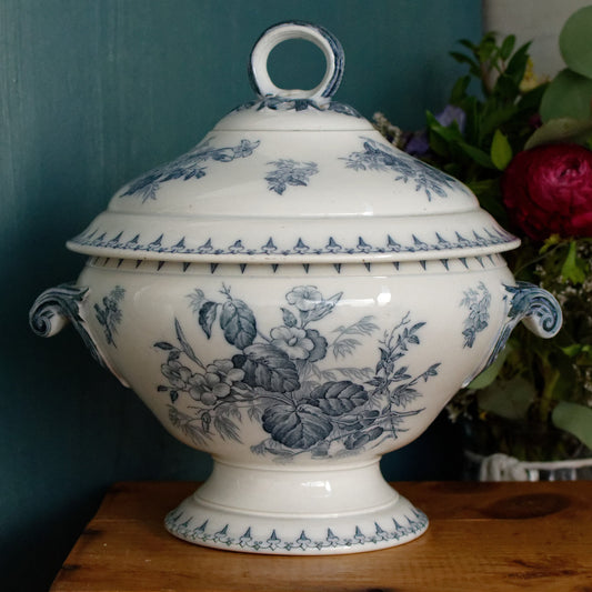 FLORE Sarreguemines U&C French Antique Ironstone Blue Transferware Round Soup Tureen Soupiere Terre de Fer en Faience