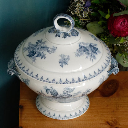 FLORE Sarreguemines U&C French Antique Ironstone Blue Transferware Round Soup Tureen Soupiere Terre de Fer en Faience