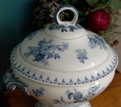 FLORE Sarreguemines U&C French Antique Ironstone Blue Transferware Round Soup Tureen Soupiere Terre de Fer en Faience