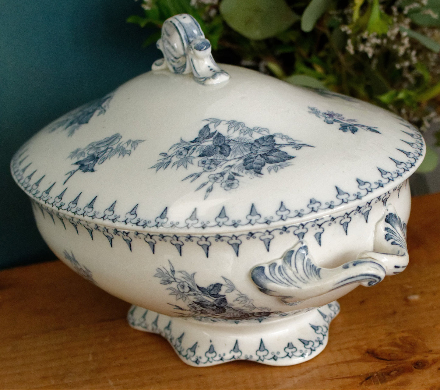 FLORE Sarreguemines U&C French Antique Ironstone Blue Transferware Oval Soup Tureen Soupiere Terre de Fer en Faience