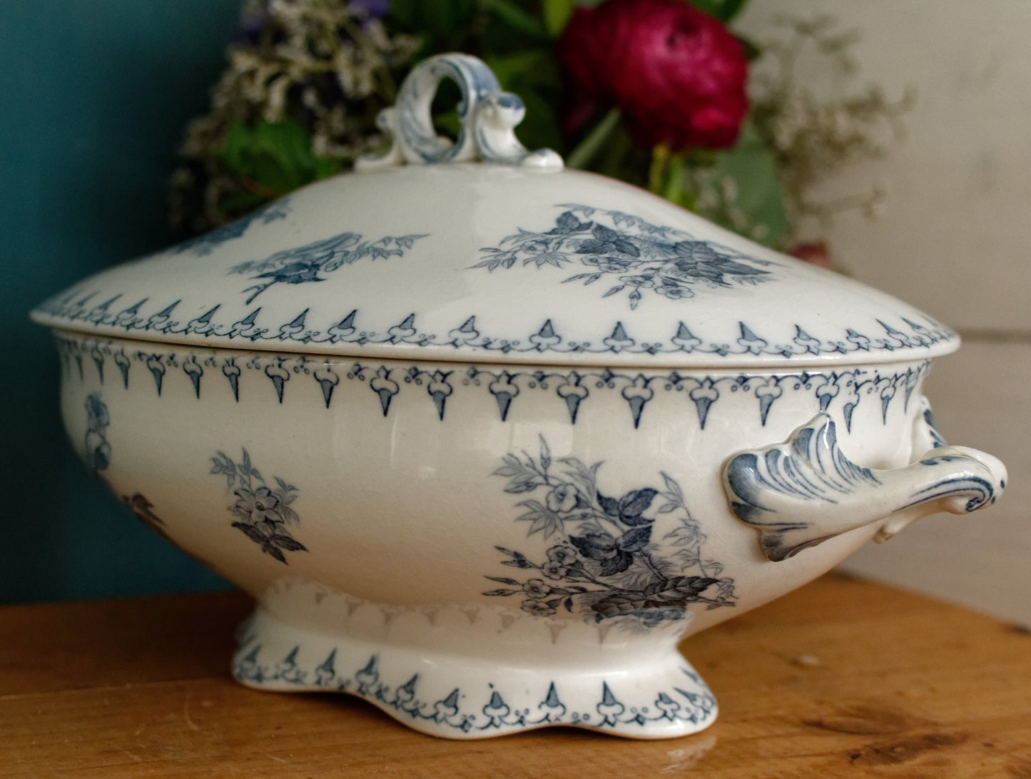 FLORE Sarreguemines U&C French Antique Ironstone Blue Transferware Oval Soup Tureen Soupiere Terre de Fer en Faience