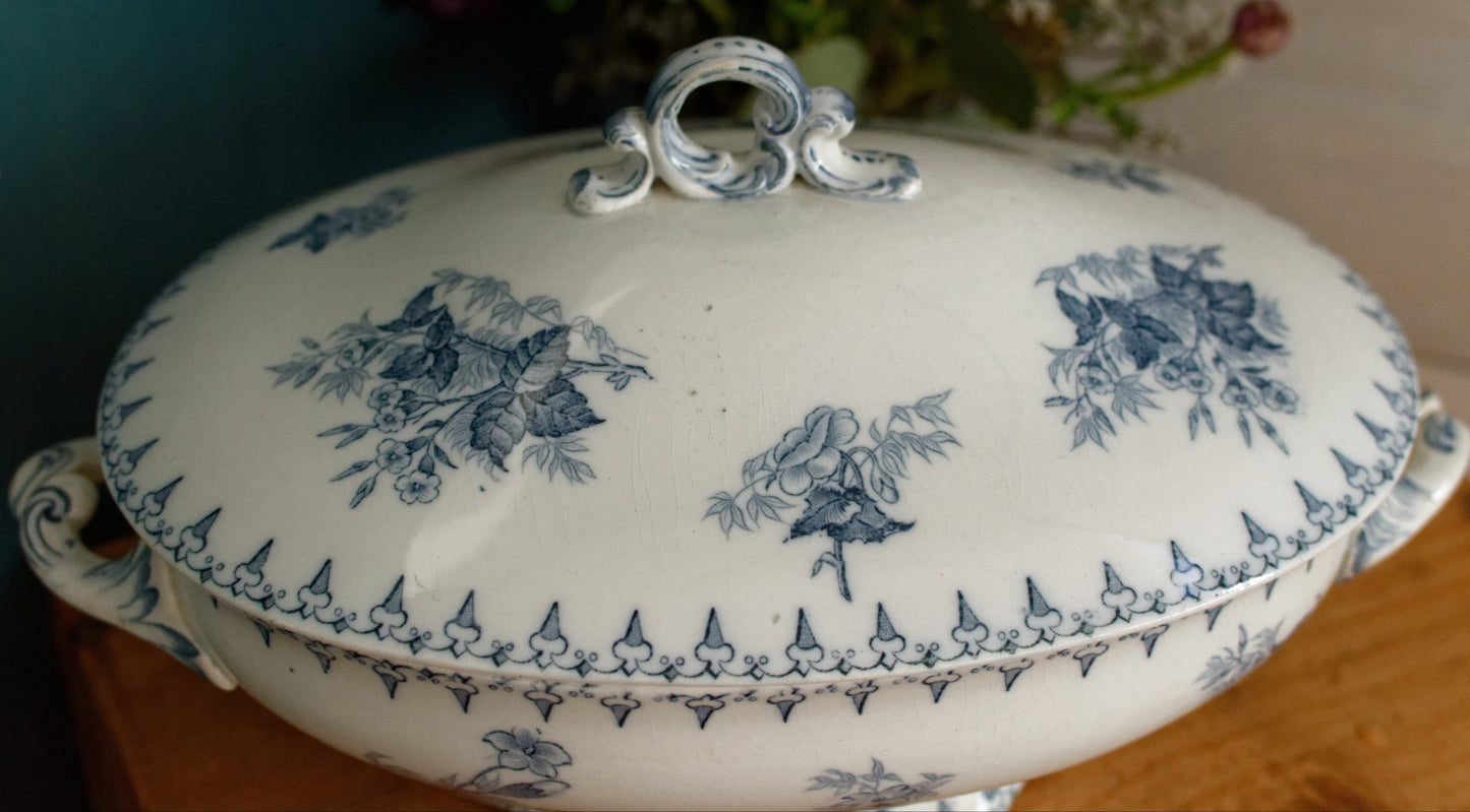 FLORE Sarreguemines U&C French Antique Ironstone Blue Transferware Oval Soup Tureen Soupiere Terre de Fer en Faience