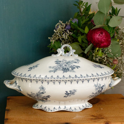 FLORE Sarreguemines U&C French Antique Ironstone Blue Transferware Oval Soup Tureen Soupiere Terre de Fer en Faience