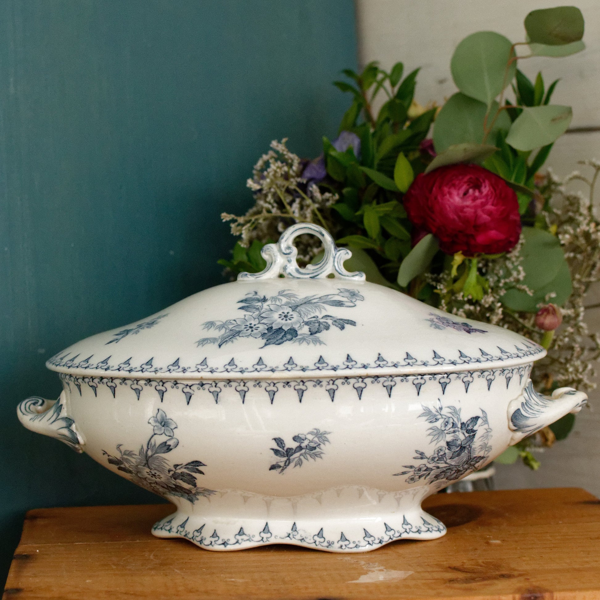 FLORE Sarreguemines U&C French Antique Ironstone Blue Transferware Oval Soup Tureen Soupiere Terre de Fer en Faience