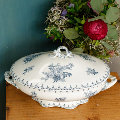 FLORE Sarreguemines U&C French Antique Ironstone Blue Transferware Oval Soup Tureen Soupiere Terre de Fer en Faience