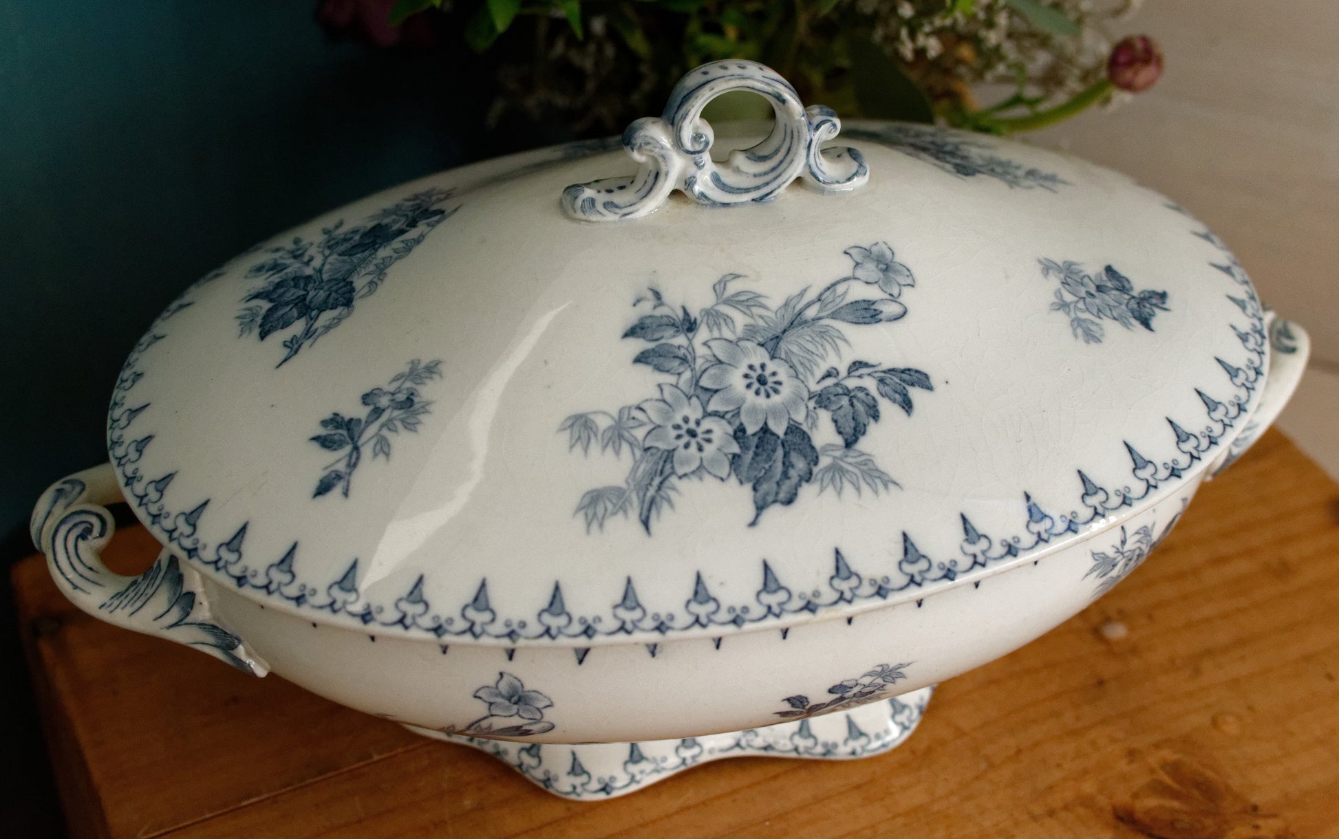 FLORE Sarreguemines U&C French Antique Ironstone Blue Transferware Oval Soup Tureen Soupiere Terre de Fer en Faience