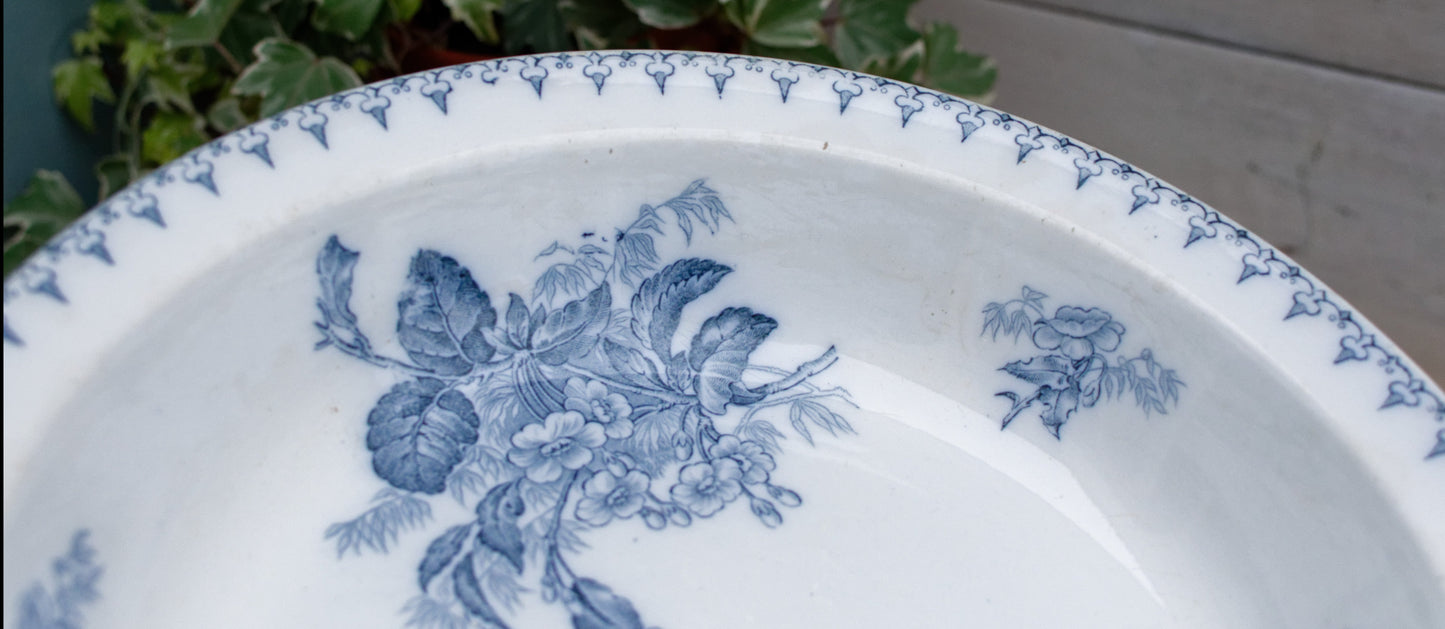 1880s/1900s ~ "FLORE" Sarreguemines U&C ~ French Antique Ironstone Blue Transferware Round Serving Bowl "Creux" ~ Terre de Fer