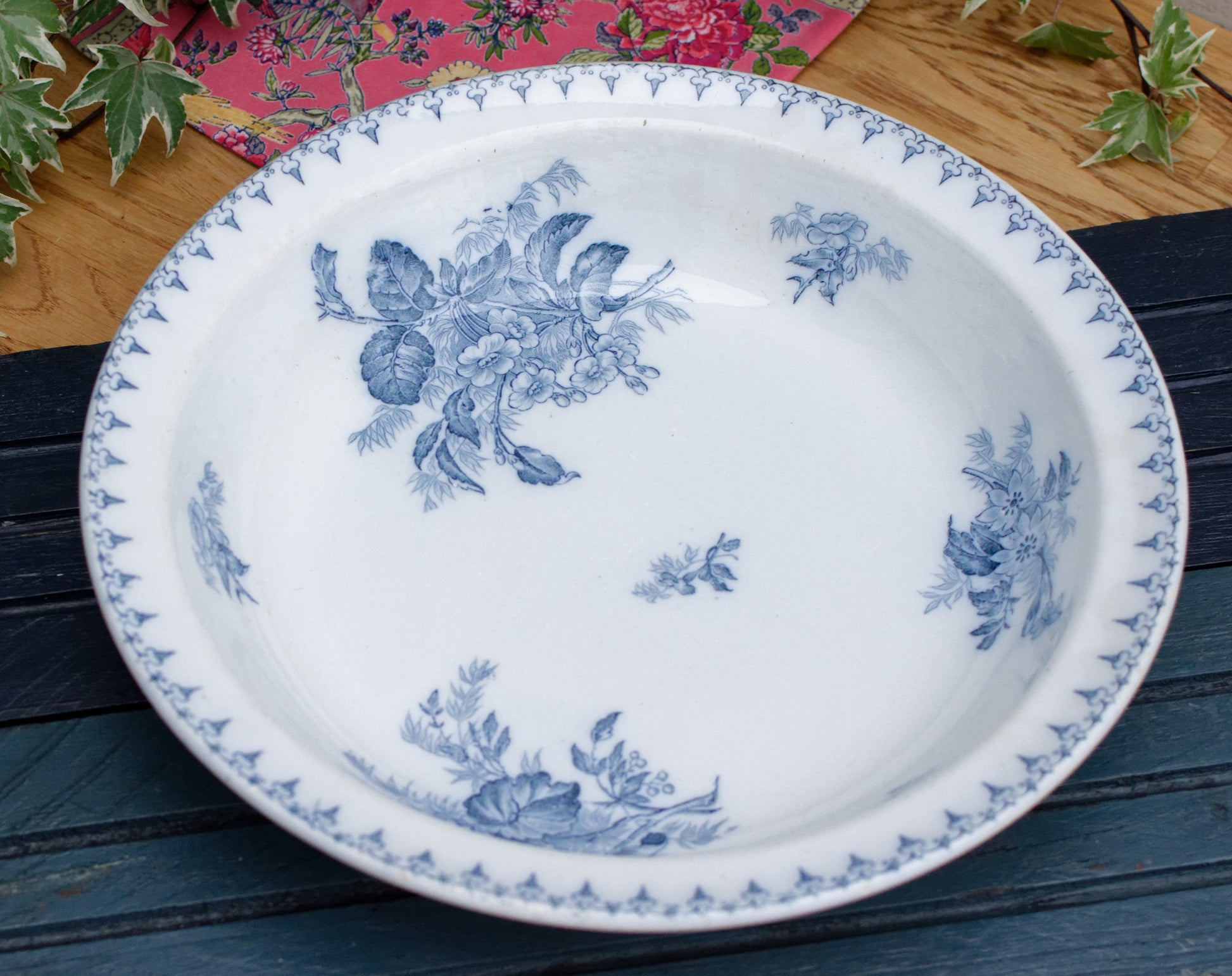 FLORE Sarreguemines U&C French Antique Ironstone Blue Transferware Round Serving Bowl Creux Terre de Fer