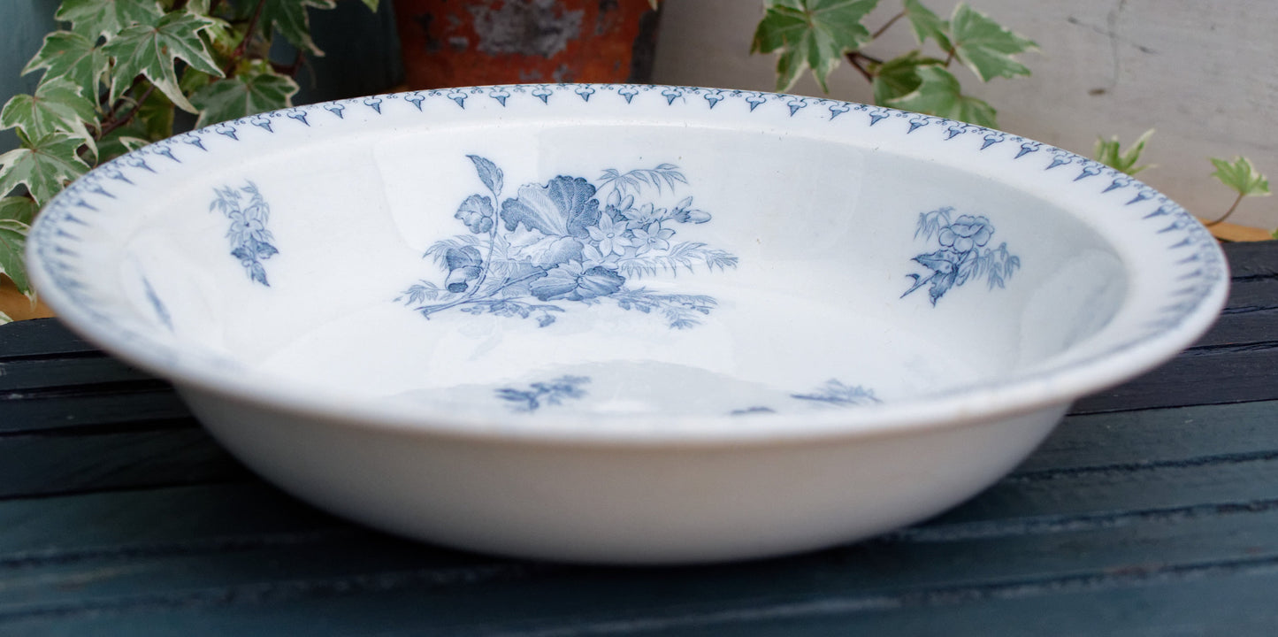 1880s/1900s ~ "FLORE" Sarreguemines U&C ~ French Antique Ironstone Blue Transferware Round Serving Bowl "Creux" ~ Terre de Fer