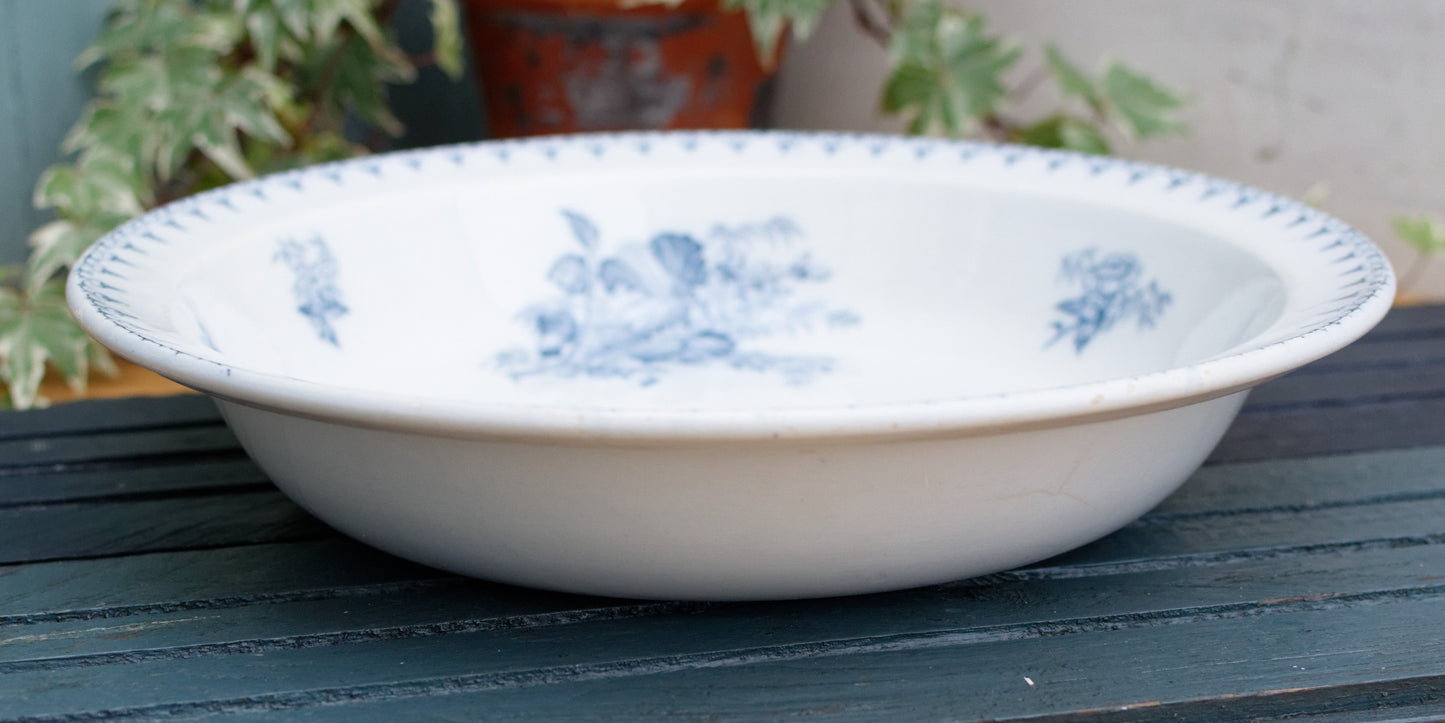 1880s/1900s ~ "FLORE" Sarreguemines U&C ~ French Antique Ironstone Blue Transferware Round Serving Bowl "Creux" ~ Terre de Fer