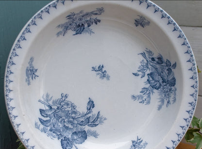 1880s/1900s ~ "FLORE" Sarreguemines U&C ~ French Antique Ironstone Blue Transferware Round Serving Bowl "Creux" ~ Terre de Fer