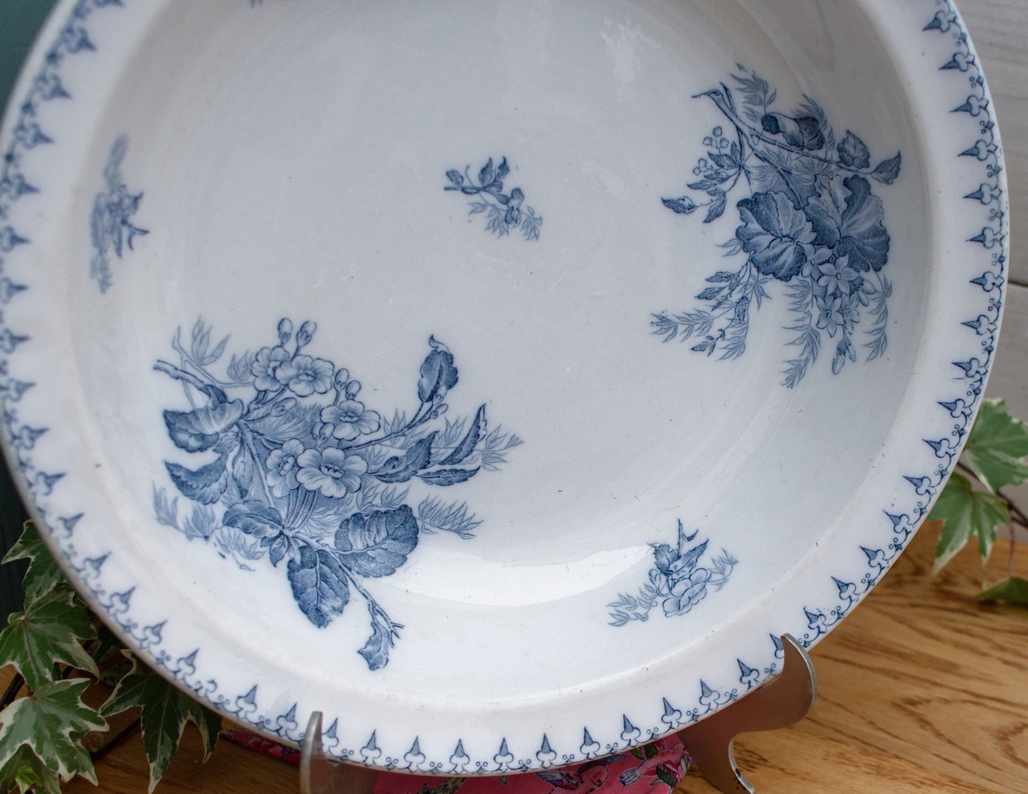 1880s/1900s ~ "FLORE" Sarreguemines U&C ~ French Antique Ironstone Blue Transferware Round Serving Bowl "Creux" ~ Terre de Fer