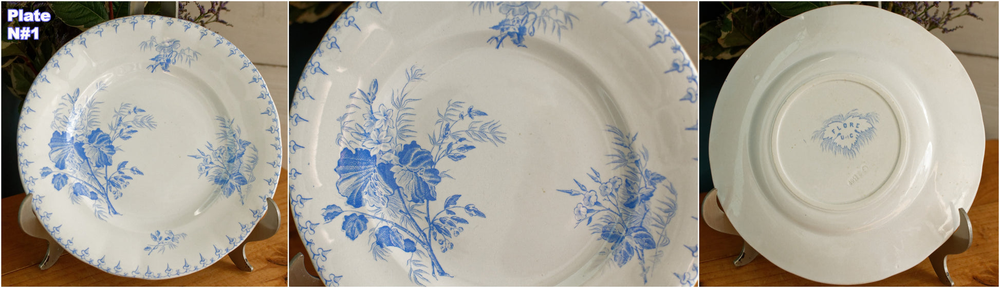 FLORE Sarreguemines U&C French Antique Ironstone Light Blue Transferware Small Plate Terre de Fer en faience