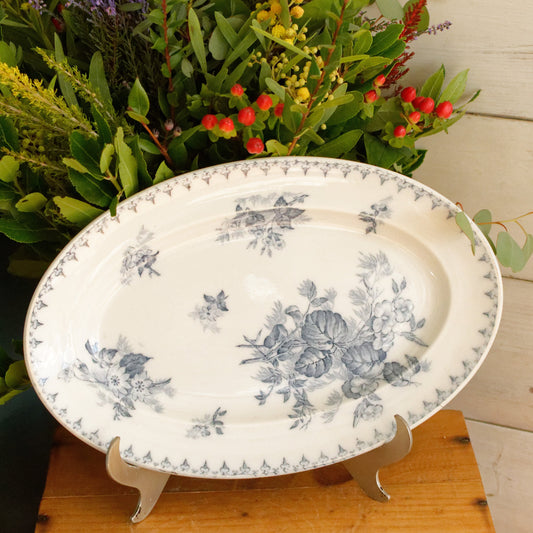 FLORE Sarreguemines U&C French Antique Ironstone Blue Transferware Oval Serving Plate Terre de Fer en Faience