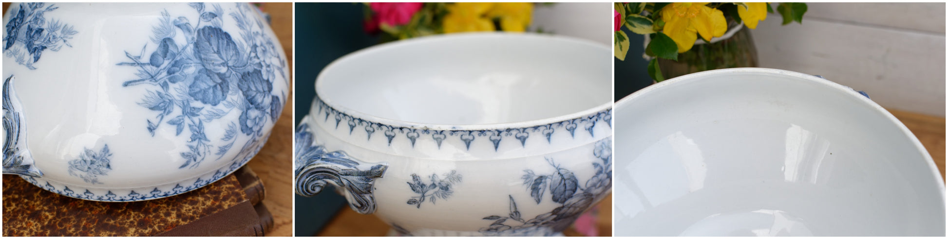 FLORE Motif Sarreguemines U&C French Antique Ironstone Blue Transferware Soup Tureen "Soupiere" Terre de Fer en Faience