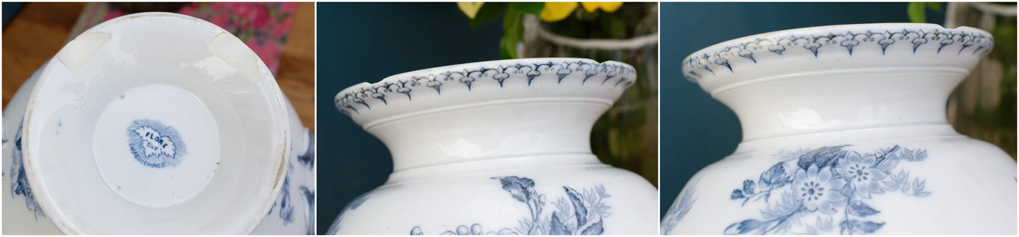 FLORE Motif Sarreguemines U&C French Antique Ironstone Blue Transferware Soup Tureen "Soupiere" Terre de Fer en Faience